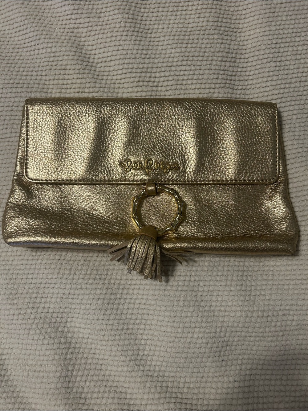 Lilly Pulitzer Gold Metallic Tassel Ring Clutch
